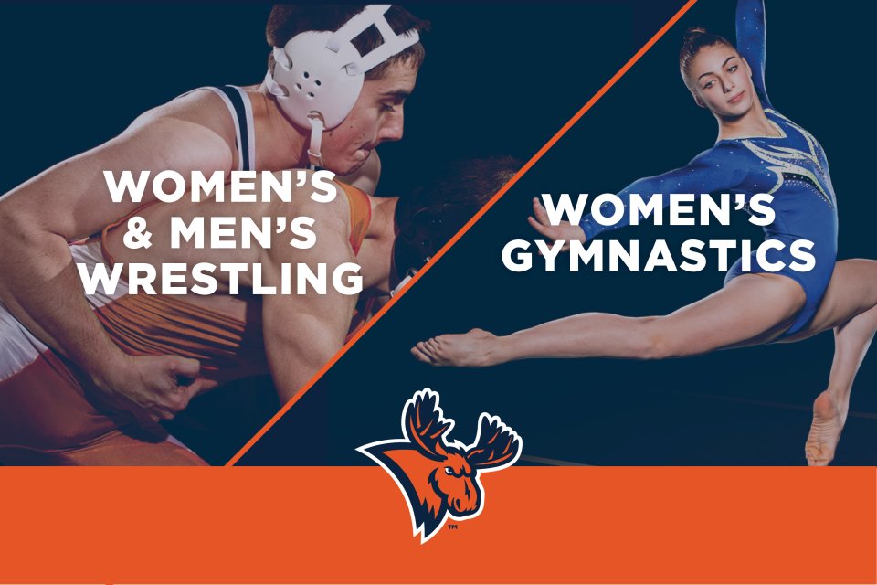 A split image of young men wrestling on the left and a young woman performing gymnastics in the air on the right.