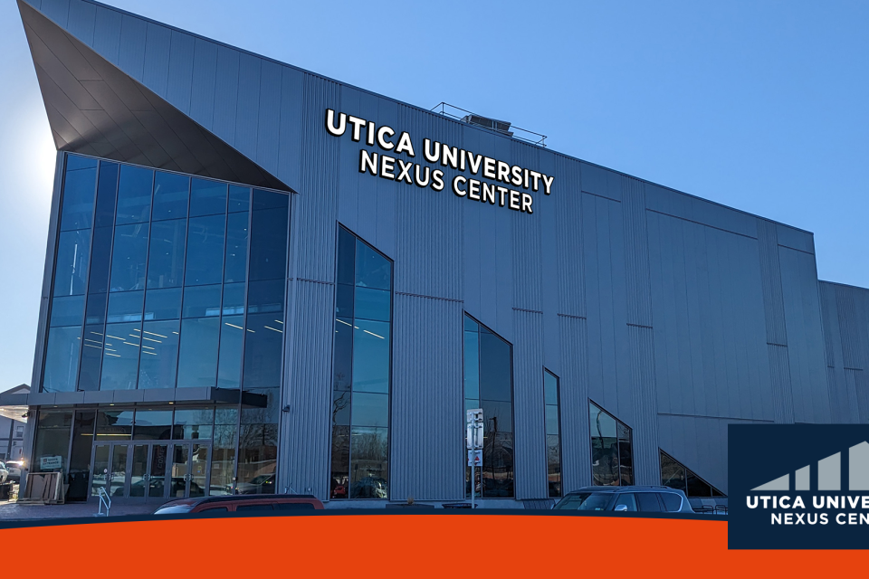 Rendering of the Nexus Center in Utica with Utica University on exterior.